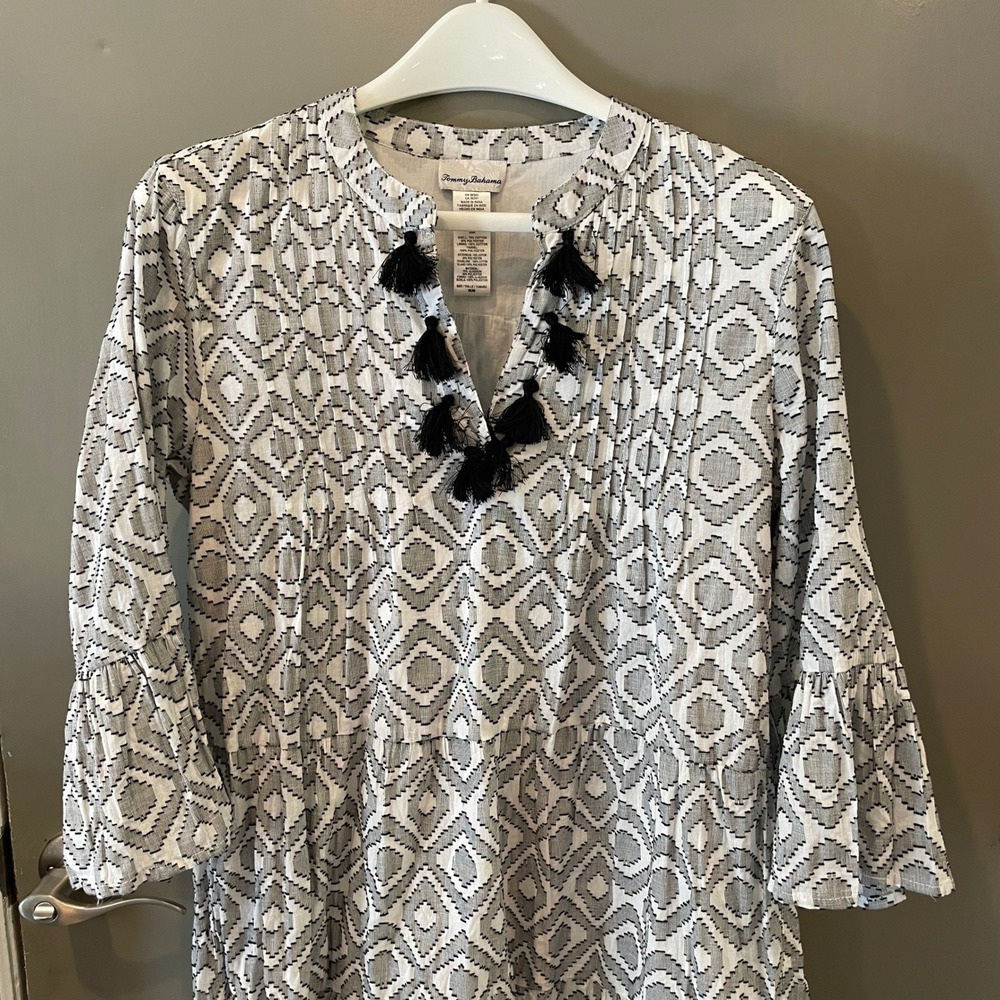 Tommy Bahama Black White Geometric Tassel Tiered Dress 235-SS500325 Medium